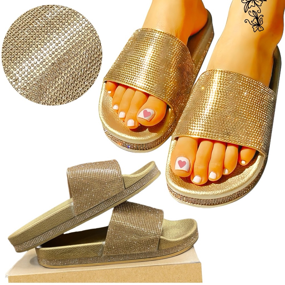 Gold Rhinestone Slides - Comfortable Sparkling Sandals with Glitter Band NWB!